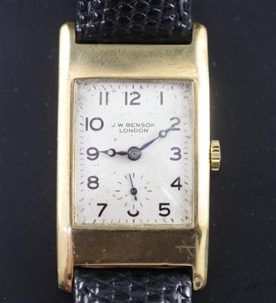 A gentlemans 1930s 9ct gold J. W. Benson manual wind wrist watch,